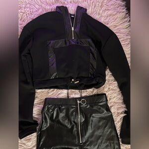 Fashion Nova Black Faux Leather Zip Paneled Hoodie Set